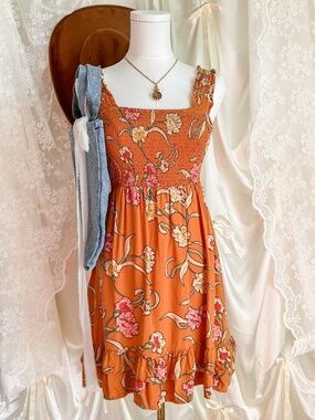 Orange Floral Smocked Mini Sundress